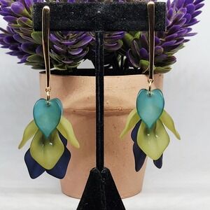 Matte Acrylic Petal Drop Earrings Navy Green Teal Gold Tone Botanical Dangle 3"